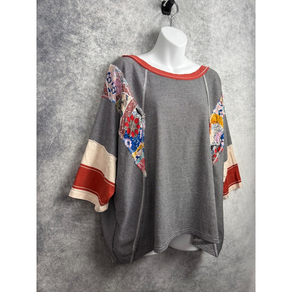 Easel Los Angeles Patchwork Sleeve Oversized Striped Top Womens Large Boho Shirt - Picture 3 of 8